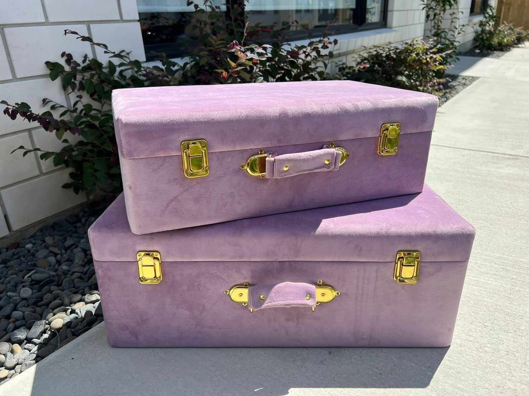 Purple suitcase for decor to hire Bling Decorations